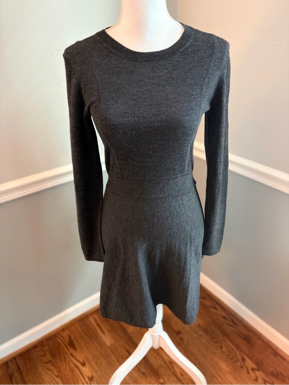 Theory Taolina LS Noble Wool Knit Fit & Flare Sweater Dress Gray Medium